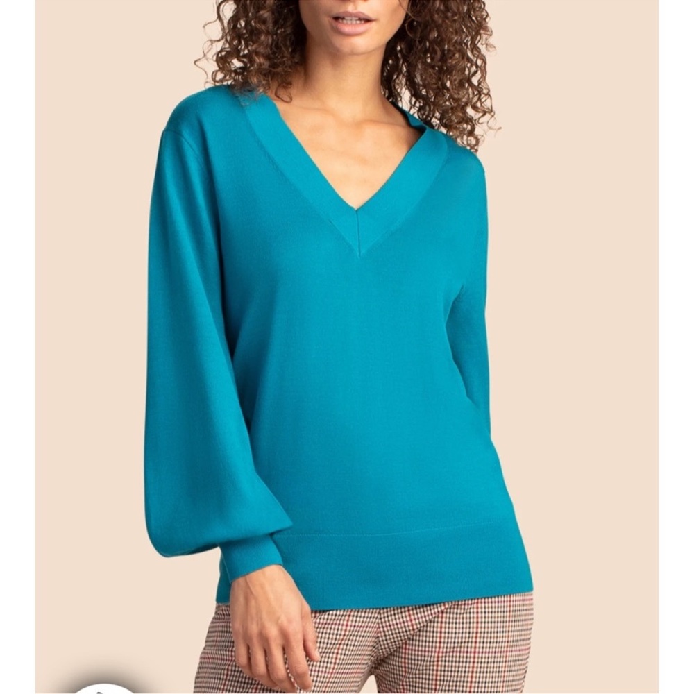 Trina Turk Evening Sun Merino Wool Sweater Size Small Blue V-Neck